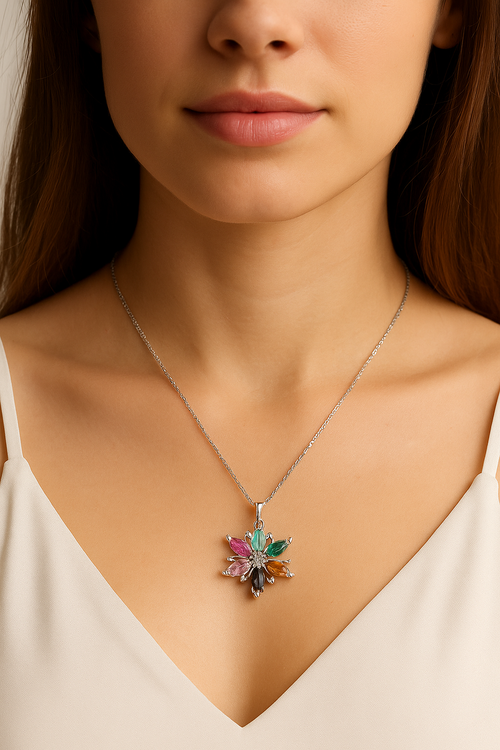 925 Ayar Gümüş Lotus Çiçeği Kolye – Mix Taşlı
