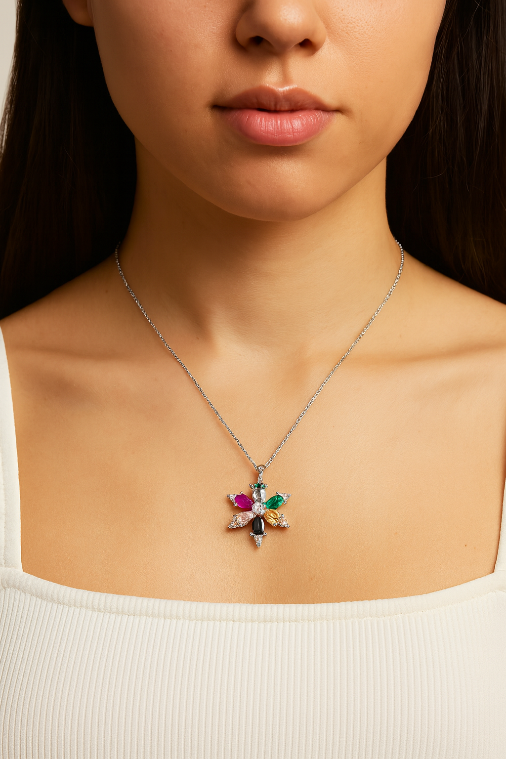 925 Ayar Gümüş Lotus Çiçeği Kolye – Mix Taşlı