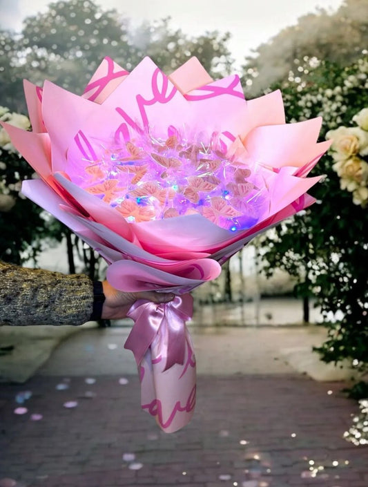 Led Işıklı Pembe Kelebek Buketi Love Ambalajlı, Dekoratif Konsept Hediye Nişanlıya, Sevgiliye,Arkadaşa